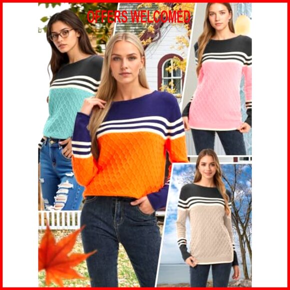 Lightweight Pullover Sweater Long Sleeve Crew Neck Colorblock Design - Picture 3 of 7